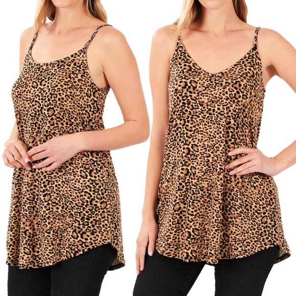 Zenana Outfitters Tops - Leopard V Neck Scoop Reversible Long Tunic Cami